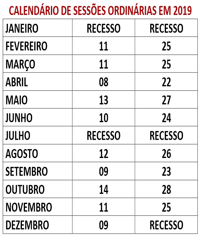 Agenda de Sessões Ordinária para o exercício de 2019.