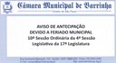 Aviso de antecipação da 10ª Sessão Ordinária da 4ª Sessão Legislativa da 17ª Legislatura