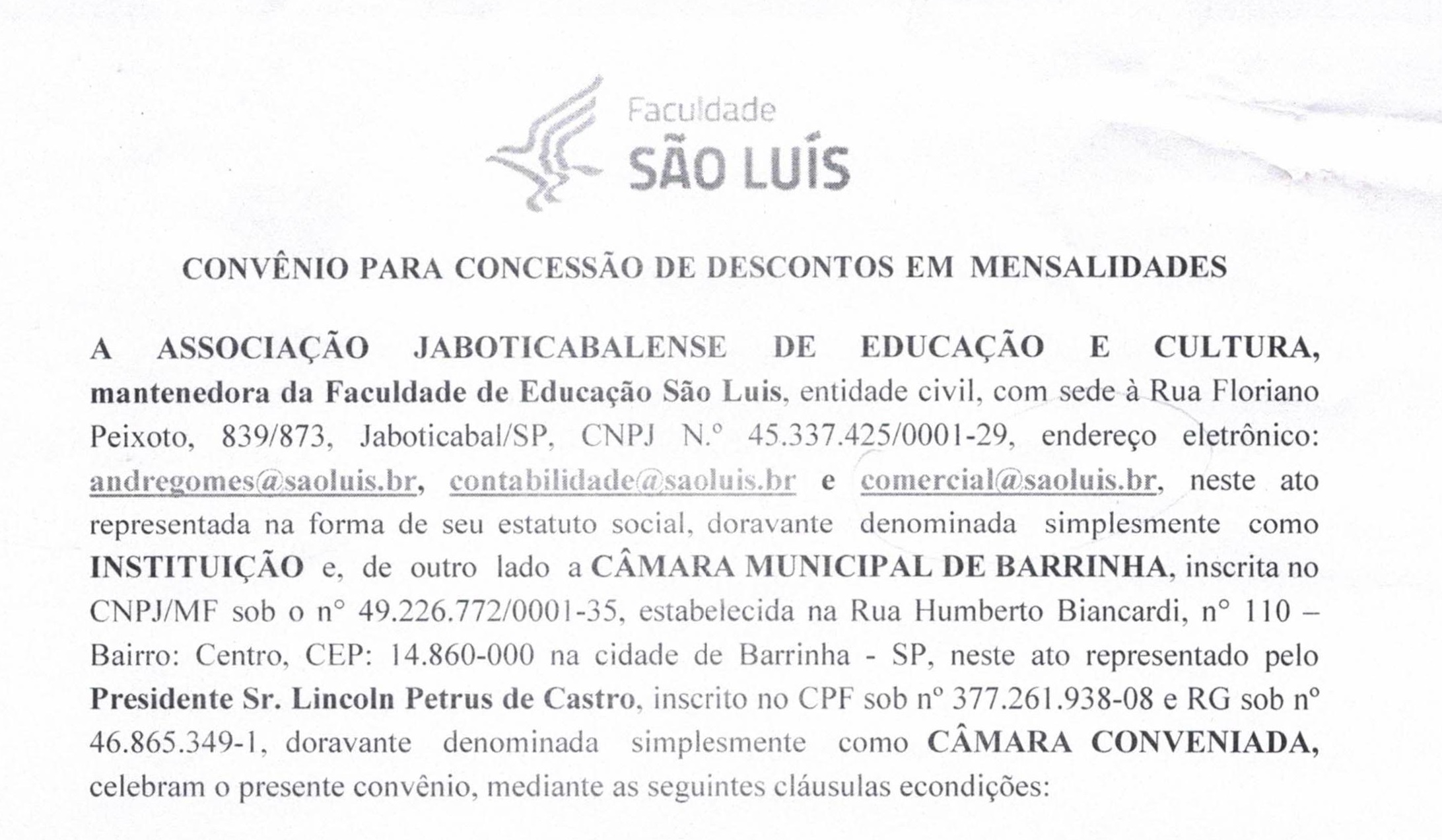 Câmara firma convênio com Faculdade São Luis para concessão de descontos em mensalidades.